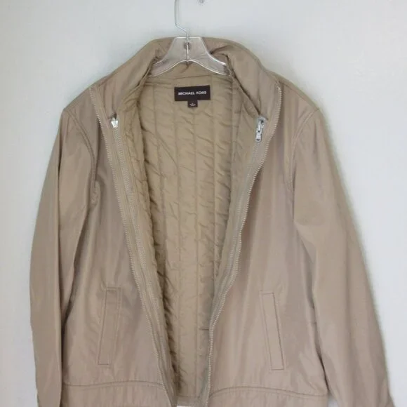 Michael Kors Tan Removable Vest Mock Neck Pockets Zip Long Sleeve Large Jacket - Picture 2 of 10